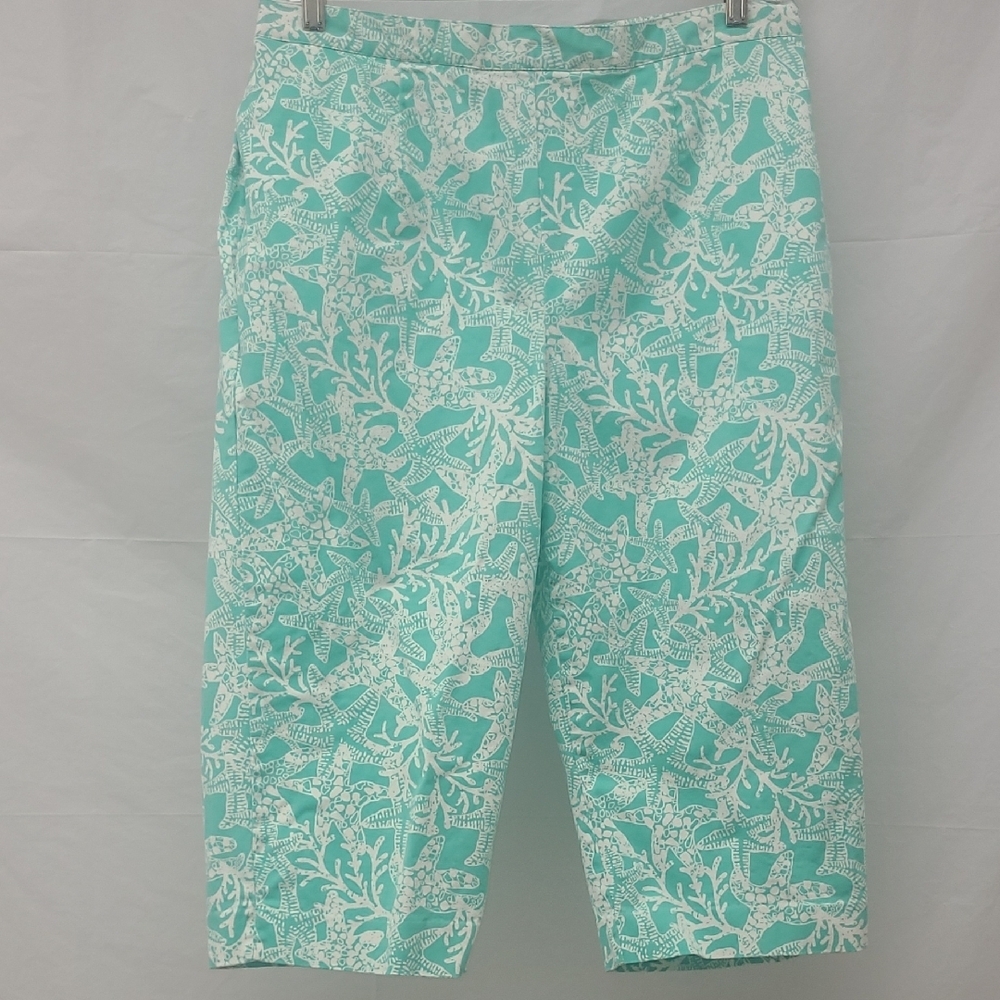Shorts Beachy Coral Starfish Print Aqua White Pockets Elastic Waist Coastal Cool